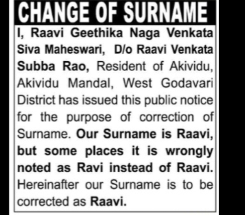 CHANGE OF SURNAME – RAVI to RAAVI