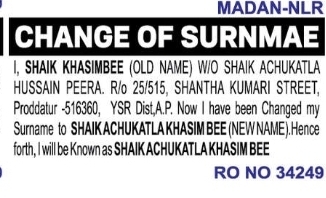 CHANGE OF SURNAME – Shaik Achukkatla Khasim Bee