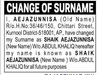 Change of Surname – Shaik Aejazunnisa
