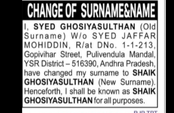CHANGE OF SURNAME – SHAIK GHOSIYASULTHAN