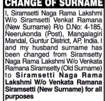 Change of Surname – Siramsetty Naga Rama Lakshmi to Siramsetti Naga Rama Lakshmi