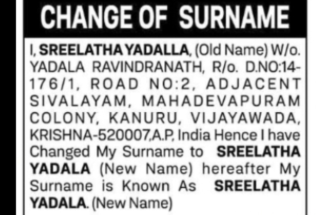 CHANGE OF SURNAME – SREELATHA YADALA