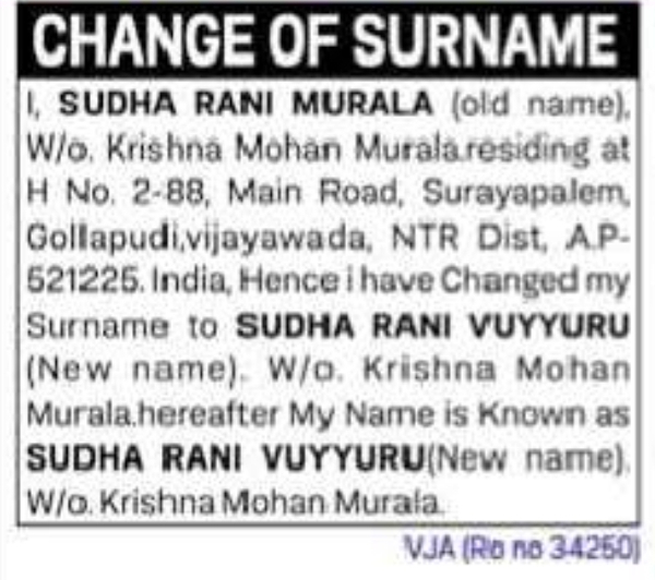 CHANGE OF SURNAME – SUDHA RANI MURALA TO SUDHA RANI VUYYURU