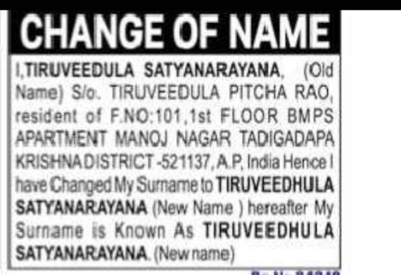 CHANGE OF SURNAME: TIRUVEEDULA SATYANARAYANA TO TIRUVEEDHULA SATYANARAYANA