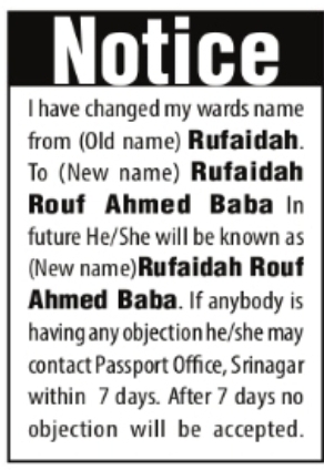 Change of Ward's Name — Rufaidah to Rufaidah Rouf Ahmed Baba