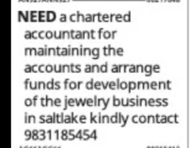 Chartered Accountant – Jewellery Business (Salt Lake)
