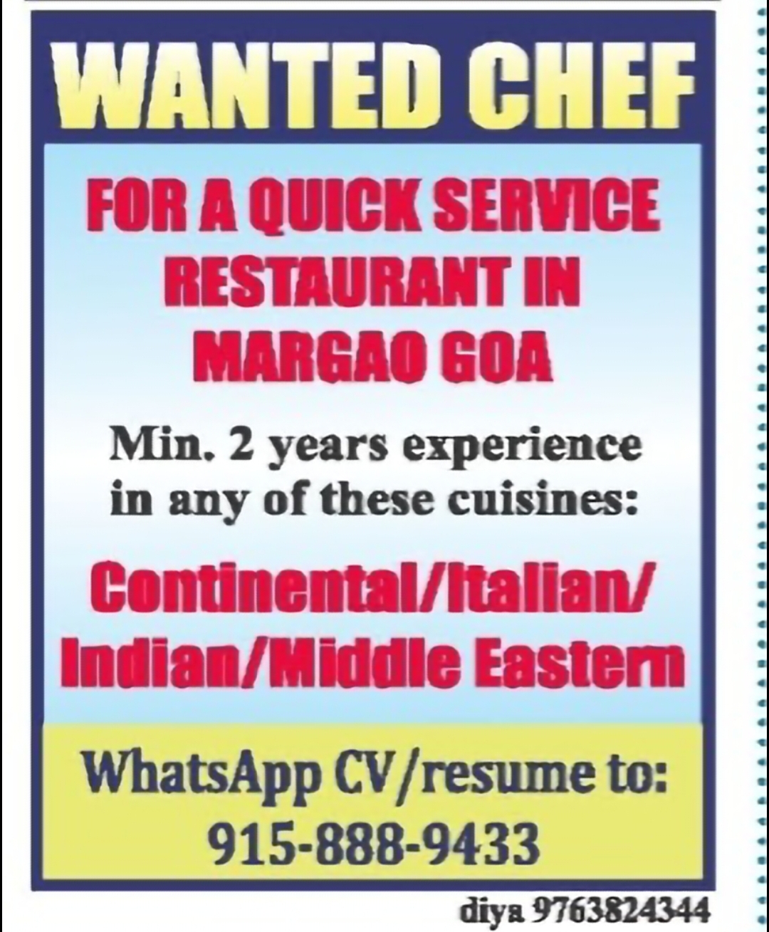 Chef Required for Quick Service Restaurant – Margao, Goa
