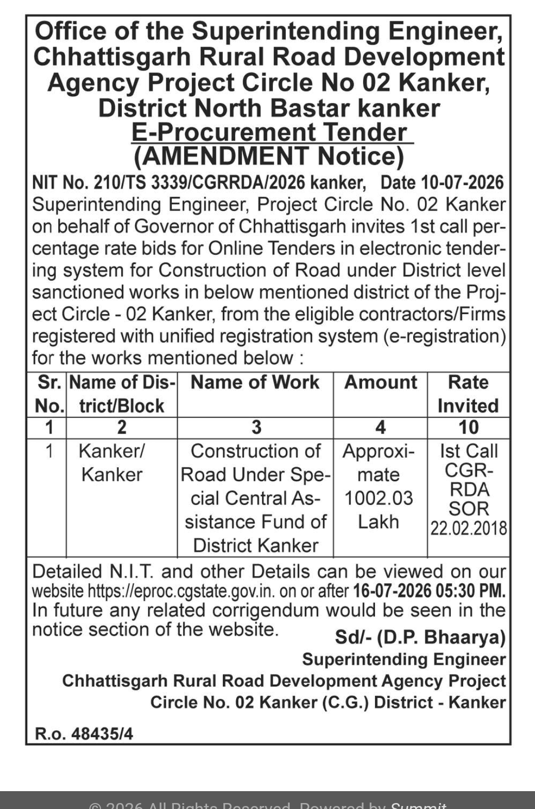 Chhattisgarh Rural Road Development Agency Invites Road Construction e-Tender (Amendment Notice)