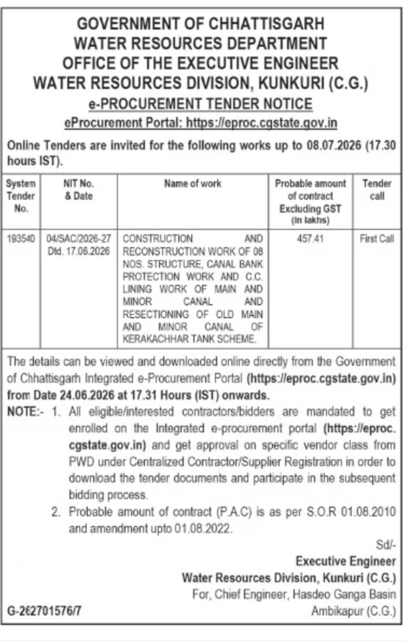 Chhattisgarh Water Resources Department Invites e-Tenders for Kerakachhar Tank Scheme Works