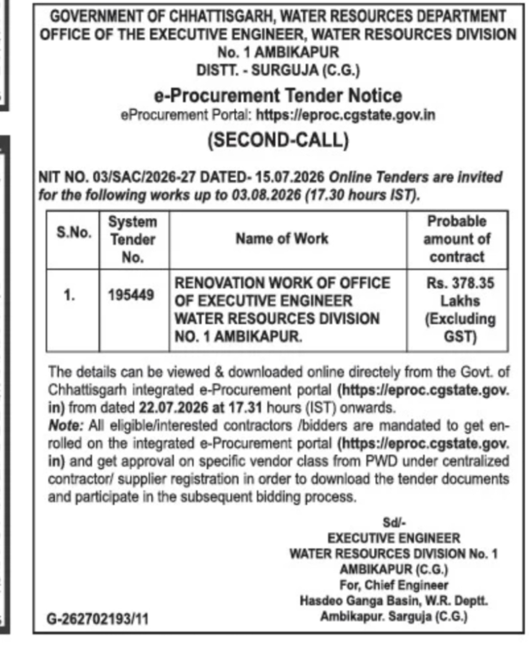 Chhattisgarh Water Resources Department Invites E-Tenders for Office Renovation Work