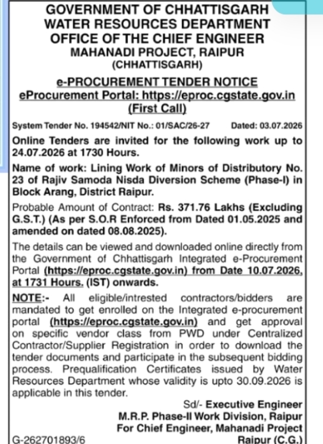 Chhattisgarh Water Resources Department Tender – Lining Work at Raipur