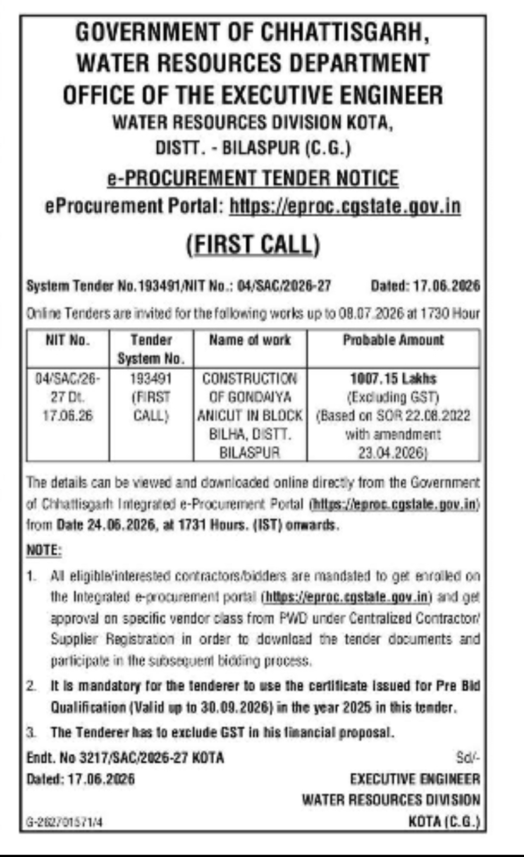 Chhattisgarh WRD Invites e-Tenders for Construction of Gondaiya Nicut in Bilha Block, Bilaspur