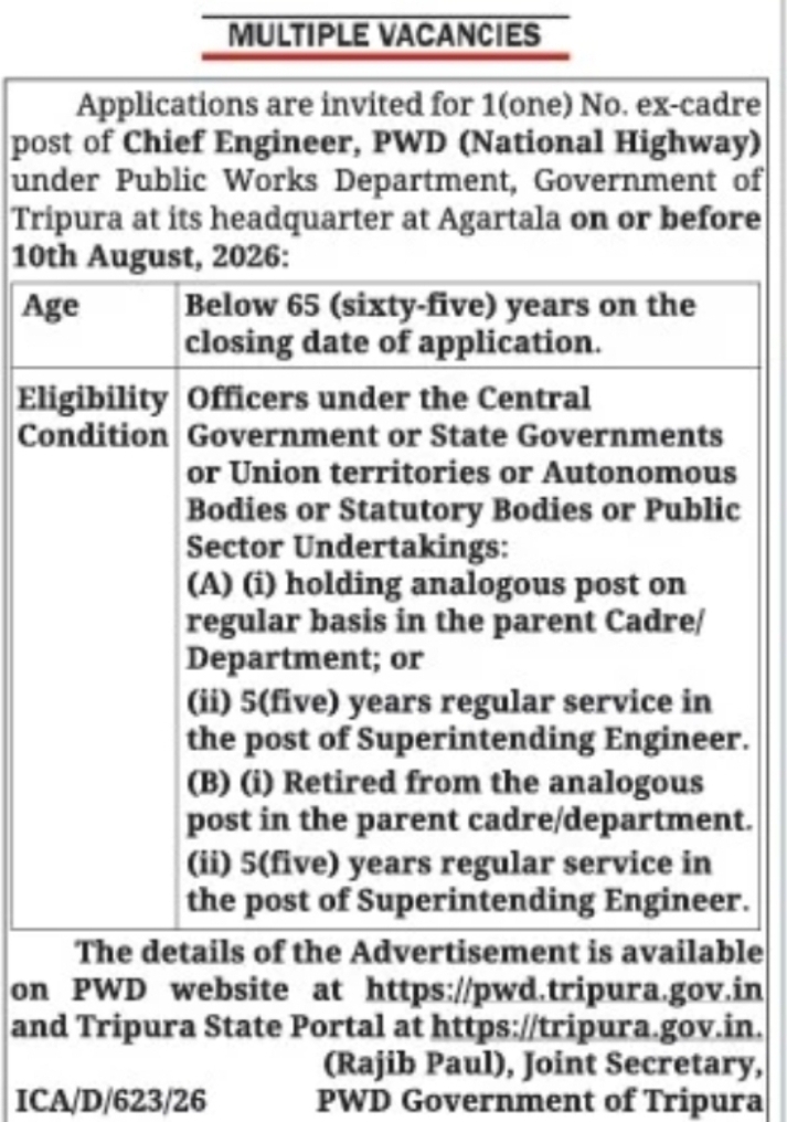 Chief Engineer (PWD - National Highway) Recruitment 2026 – Government of Tripura