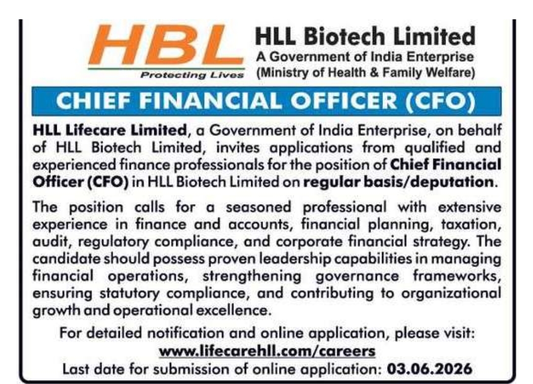 Chief Financial Officer (CFO) – HLL Biotech Limited