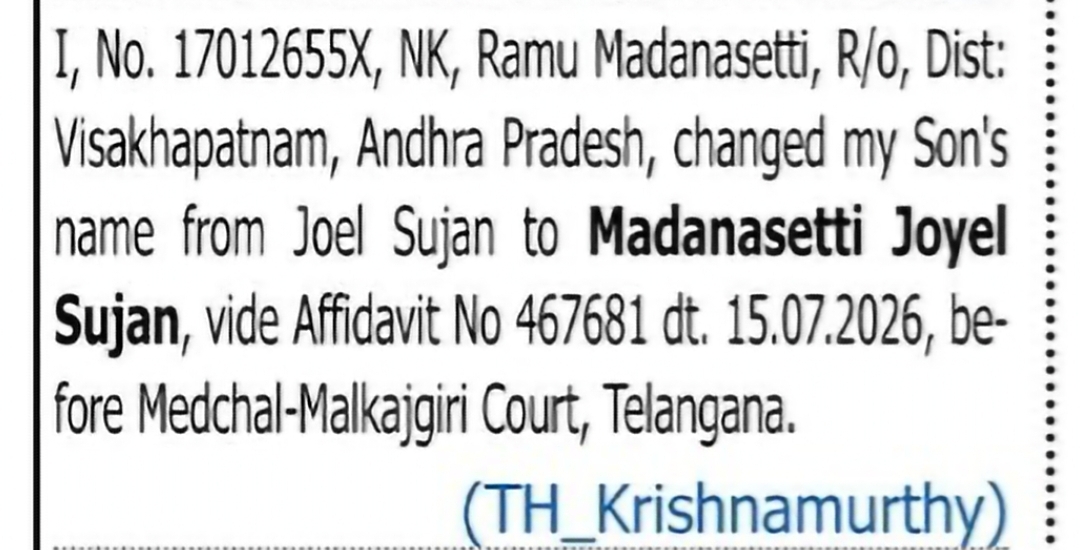 Child Name Change Notice – Madanasetti Joyel Sujan