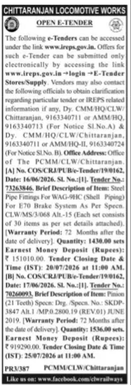 CHITTARANJAN LOCOMOTIVE WORKS (CLW) OPEN E-TENDER NOTICE