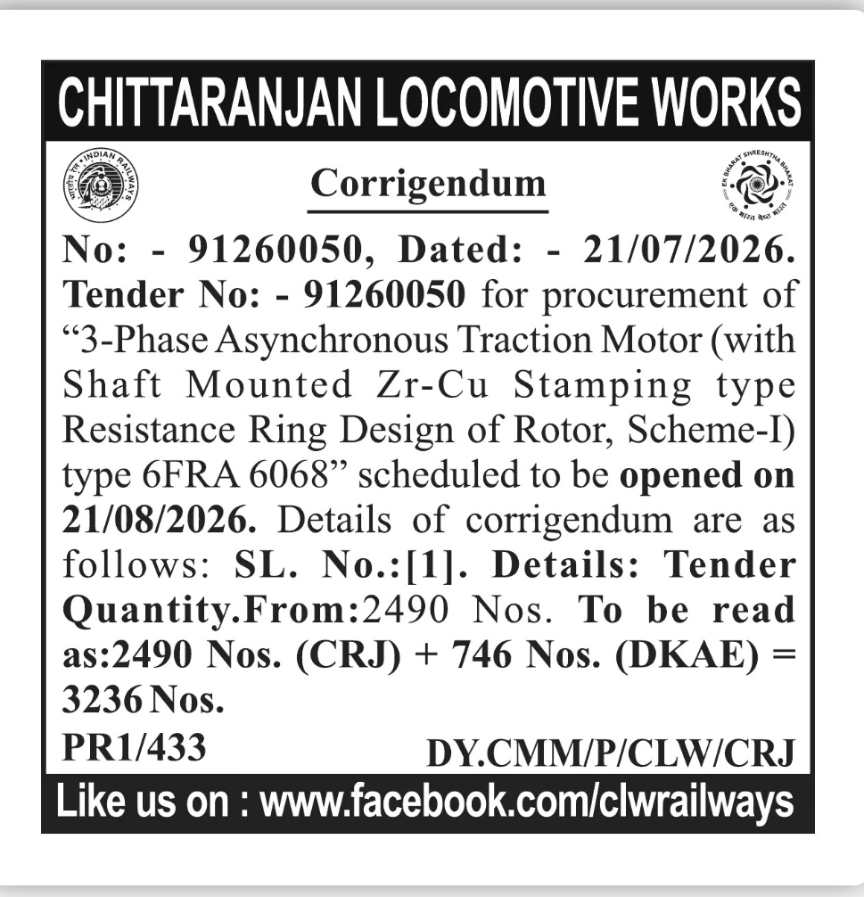 Chittaranjan Locomotive Works Tender Corrigendum – Tender No. 91260050