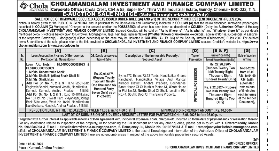 Chola Investment & Finance E-Auction Notice – Kurnool, Andhra Pradesh