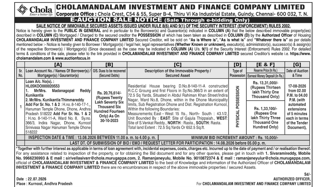 CHOLAMANDALAM Investment and Finance Company Limited – E-Auction Sale Notice | Residential House for Sale | Kurnool, Andhra Pradesh