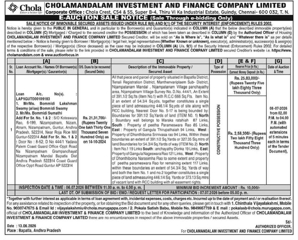 Cholamandalam Investment and Finance Company Limited – E-Auction Sale Notice