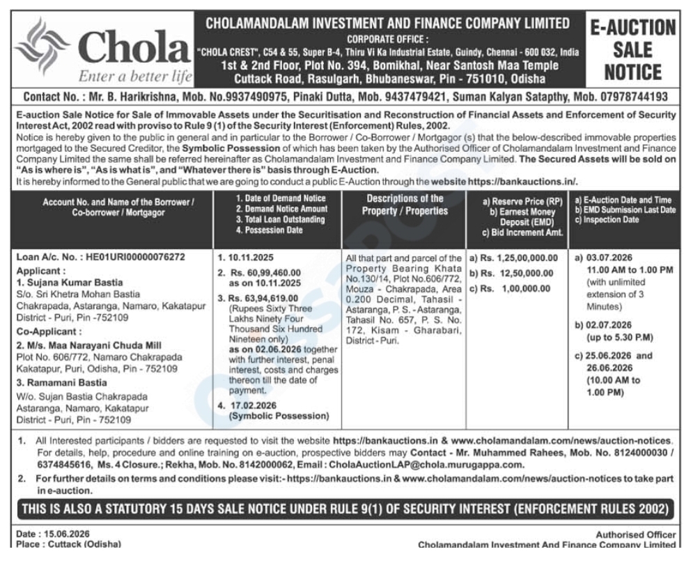 Cholamandalam Investment E-Auction Notice 2026: Property Sale in Puri District, Odisha