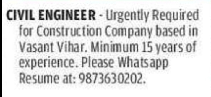 Civil Engineer (Construction Company – Vasant Vihar)