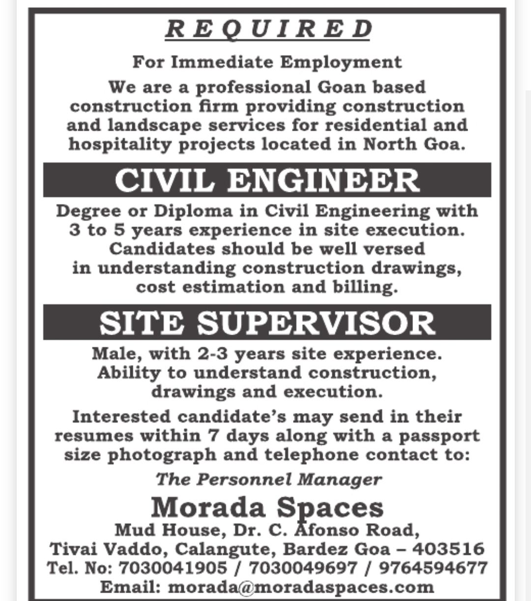 Civil Engineer & Site Supervisor Jobs in Goa | Morada Spaces Hiring