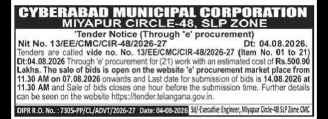CMC Miyapur Circle-48 Invites e-Tenders for 21 Development Works