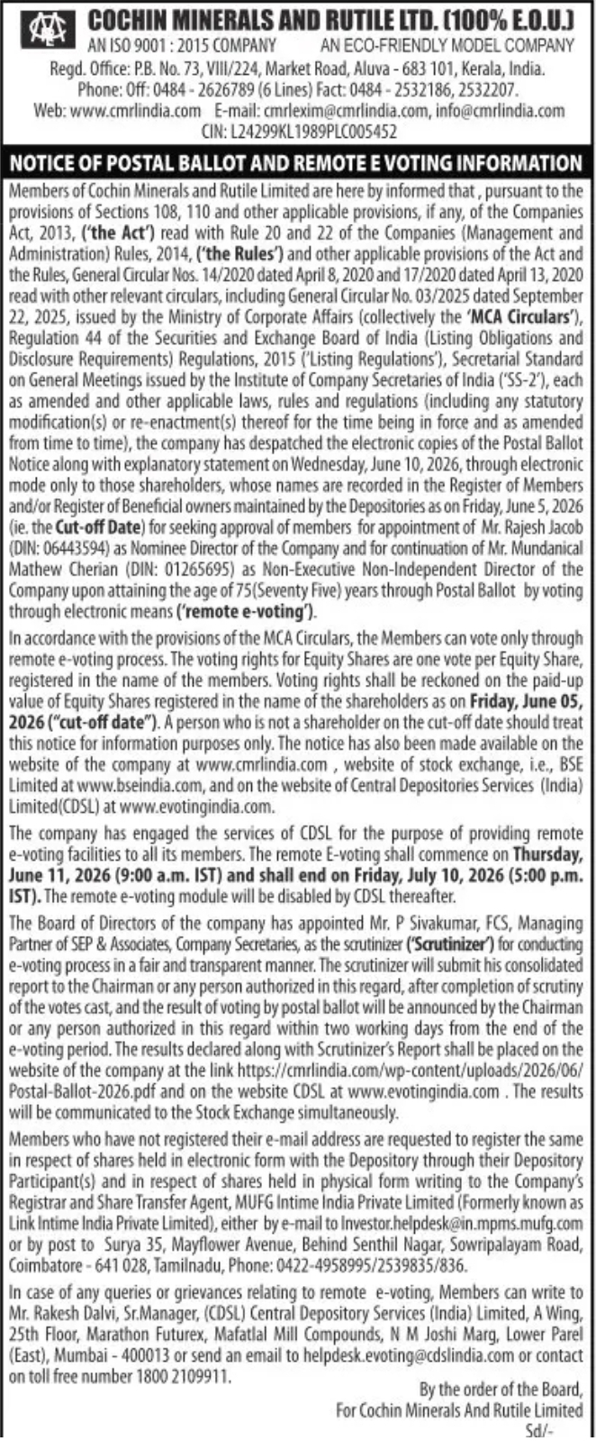 Cochin Minerals and Rutile Ltd. – Postal Ballot & Remote E-Voting Notice