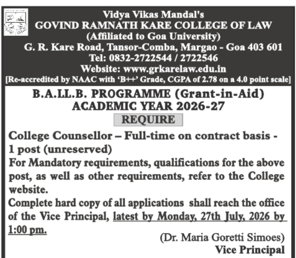 College Counsellor Vacancy 2026 | Govind Ramnath Kare College of Law, Goa