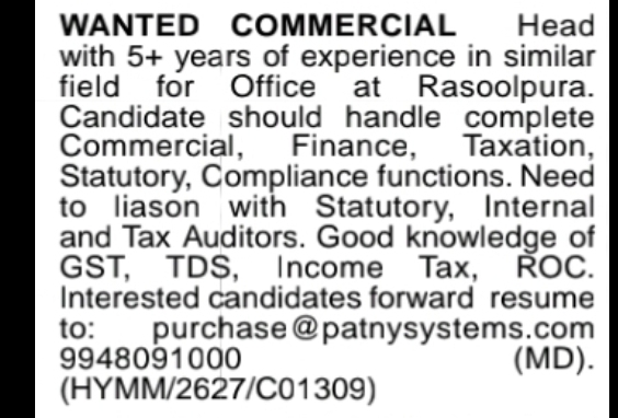 Commercial Head Vacancy – Rasoolpura