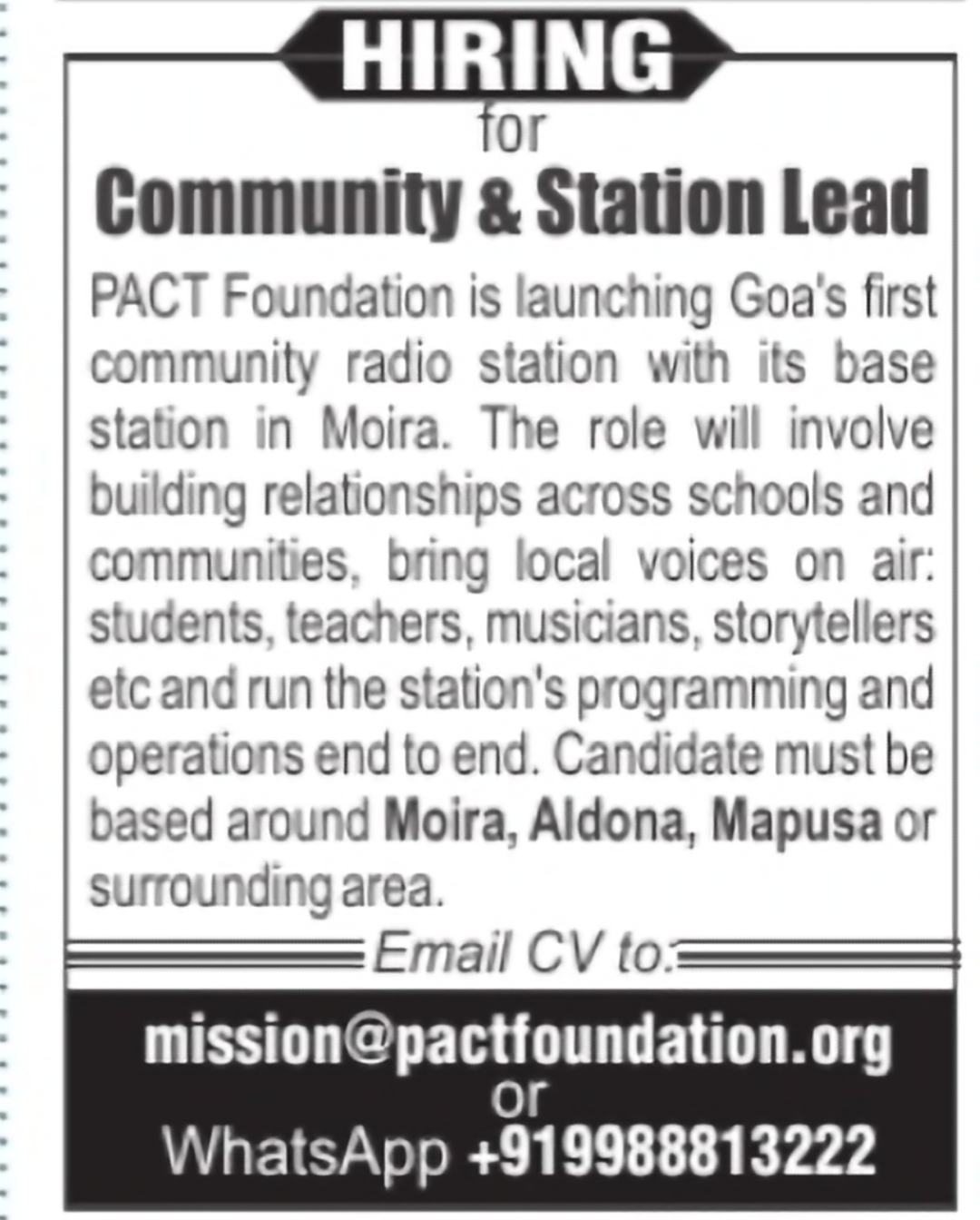 Community & Station Lead – PACT Foundation