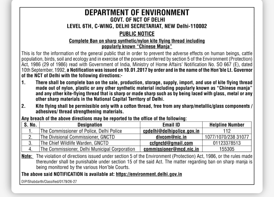 Complete Ban on Chinese Manja and Sharp Kite-Flying Thread in Delhi