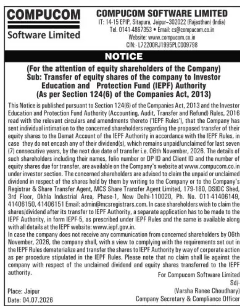 COMPUCOM SOFTWARE LIMITED – Notice for Transfer of Unclaimed Equity Shares to IEPF Authority