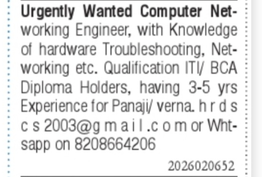 Computer Networking Engineer Required – Panaji / Verna, Goa