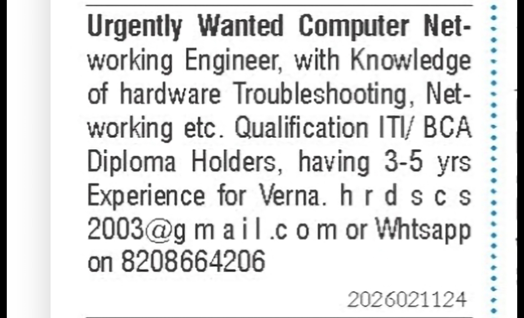 Computer Networking Engineer Required – Verna, Goa