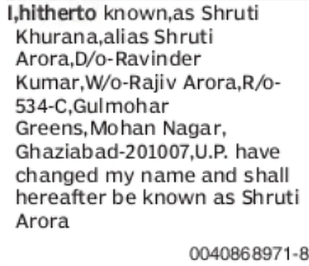 Confirmation of Name as Shruti Arora