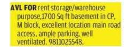 📍 Connaught Place – Basement Warehouse (FOR RENT)