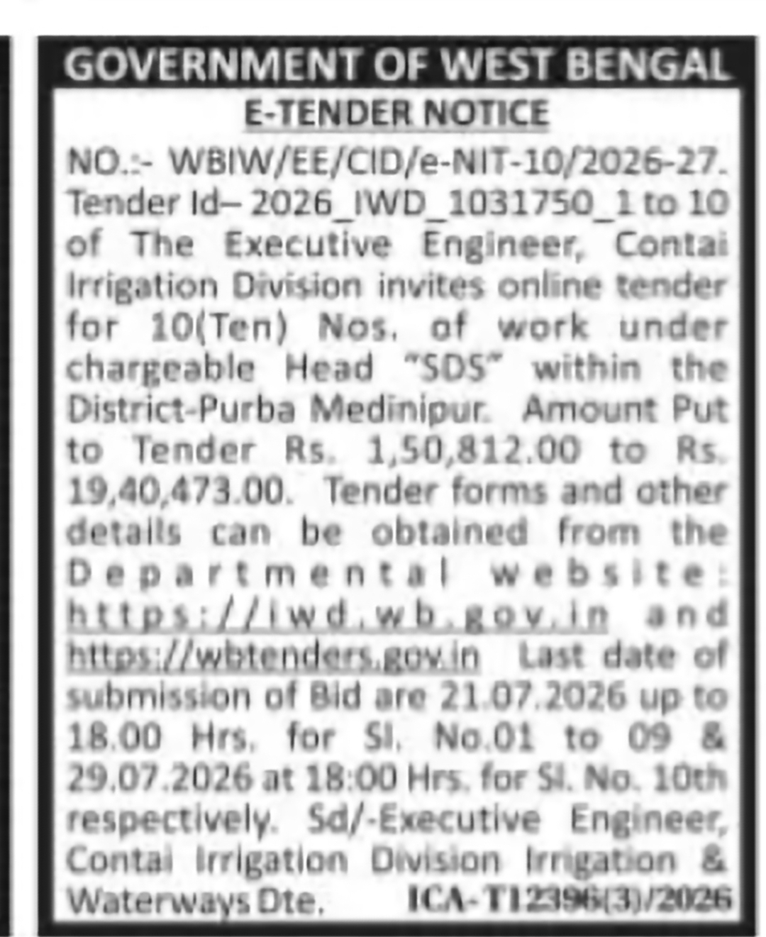 Contai Irrigation Division e-Tender – 10 SDS Works, Purba Medinipur