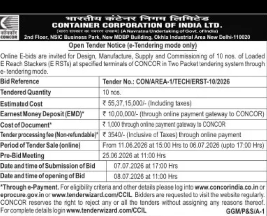 Container Corporation of India Ltd. (CONCOR) – Open e-Tender Notice Container Corporation of India Ltd.
