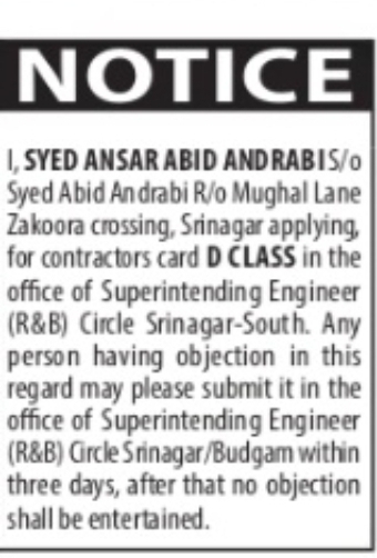 Contractor Card Application Notice – Syed Ansar Abid Andrabi Srinagar