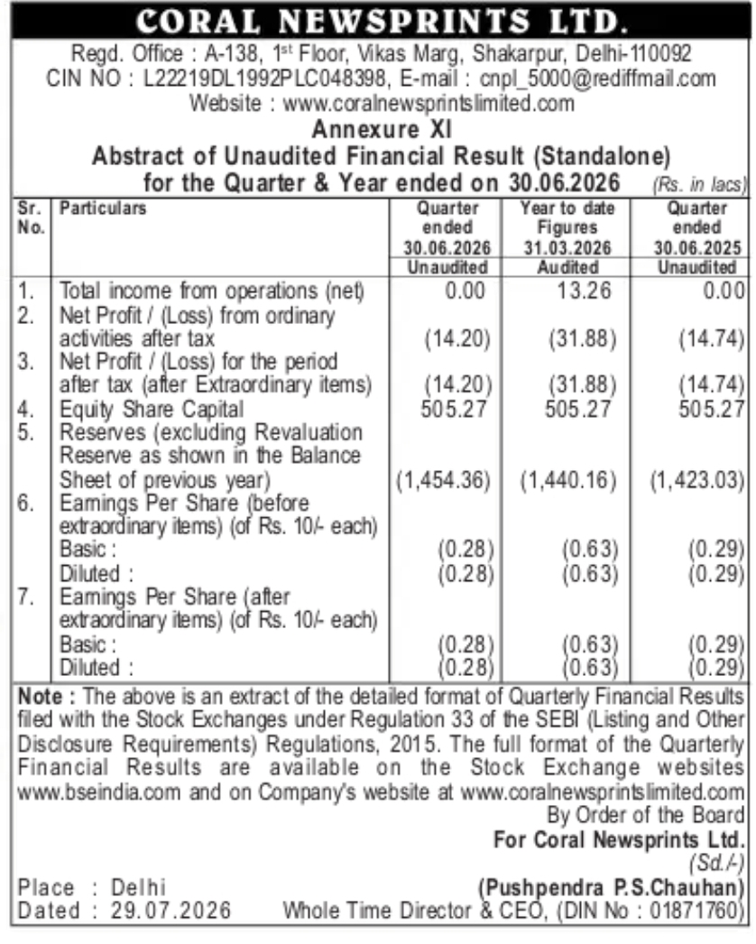 Coral Newsprints Ltd. – Unaudited Financial Results for Quarter Ended 30 June 2026