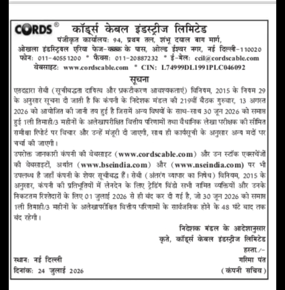 Cords Cable Industries Limited – Board Meeting Notice for Q1 Financial Results