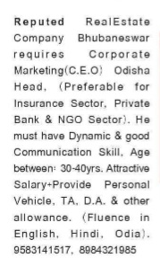 Corporate Marketing (CEO) – Odisha Head Required in Bhubaneswar