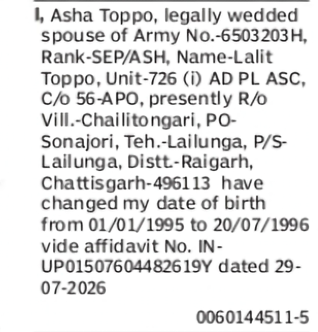 Correction of Date of Birth: Asha Toppo