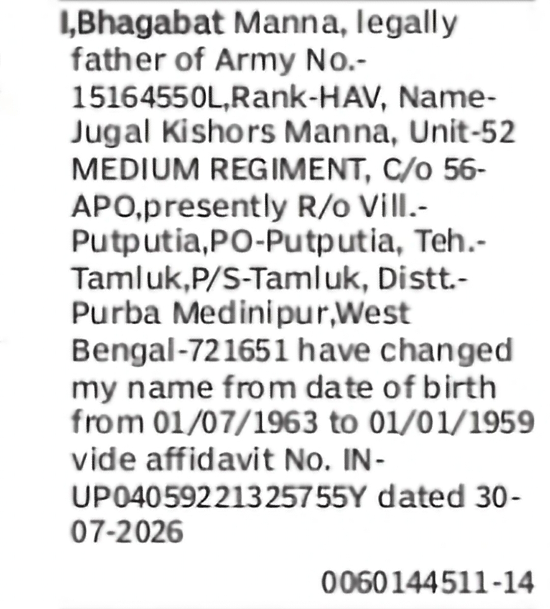 Correction of Date of Birth: Bhagabat Manna