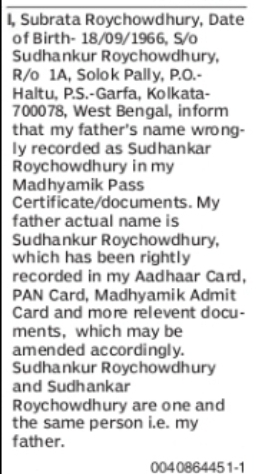 Correction of Father's Name: Sudhankar Roychowdhury to Sudhankur Roychowdhury