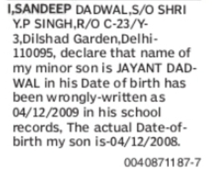 Correction of Minor Son’s Date of Birth: 04/12/2009 to 04/12/2008