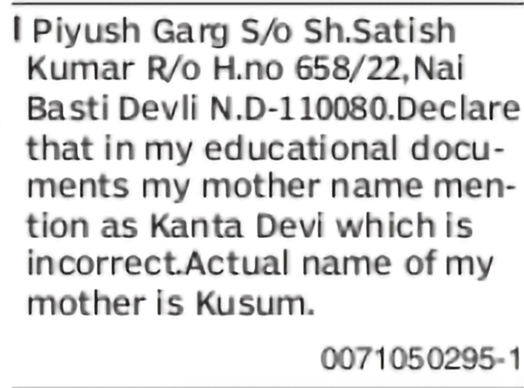 Correction of Mother's Name – Kanta Devi to Kusum