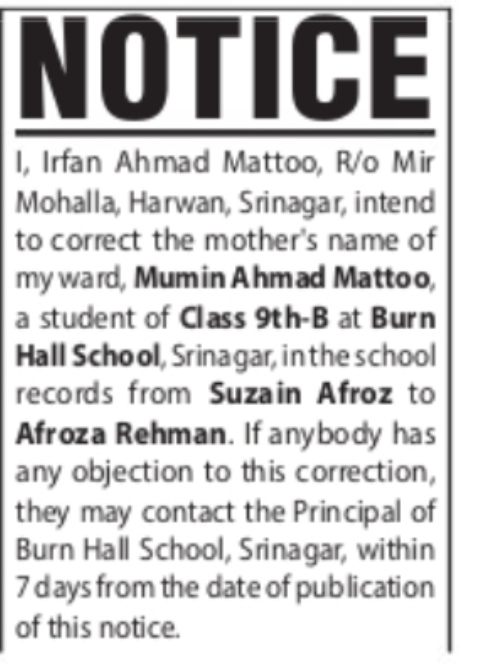 Correction of Mother's Name Notice – Burn Hall School